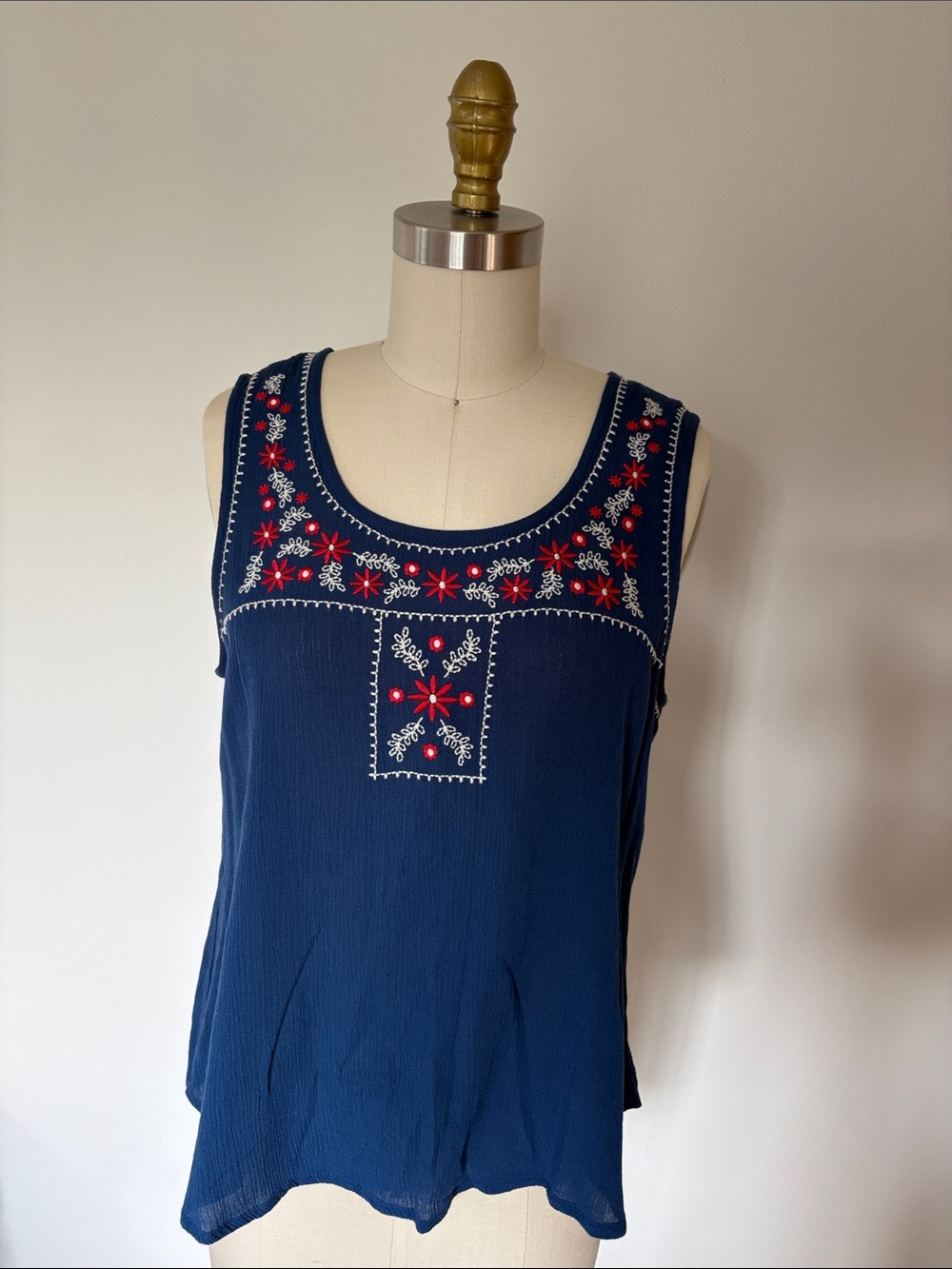 Finesse Navy Sleeveless Tank with Red & White Embroidery